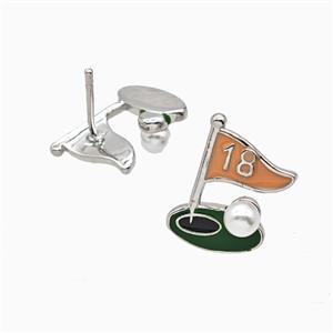 Golf Flag Charms Copper Stud Earrings Pave Resin Enamel Platinum Plated, approx 11-16mm