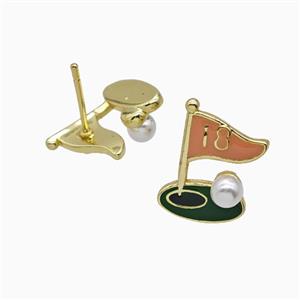 Golf Flag Charms Copper Stud Earrings Pave Resin Enamel Gold Plated, approx 11-16mm