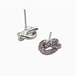 Copper Knot Stud Earrings Pave Zirconia Platinum Plated, approx 7-11mm