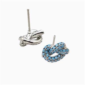 Copper Knot Stud Earrings Pave Zirconia Platinum Plated, approx 7-11mm