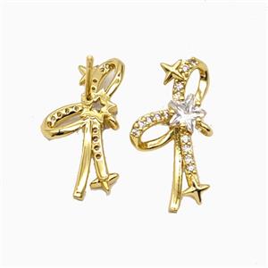Copper Bowknot Stud Earrings Pave Zirconia Gold Plated, approx 12-21mm