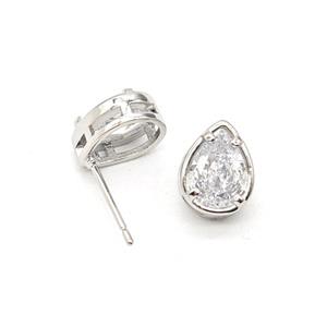 Copper Teardrop Stud Earrings Pave Zirconia Platinum Plated, approx 7-10mm