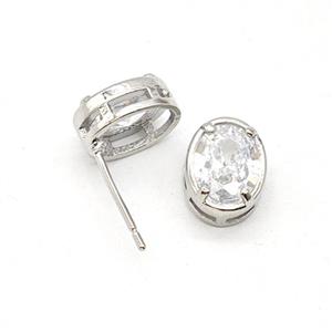 Copper Oval Stud Earrings Pave Zirconia Platinum Plated, approx 8-10mm
