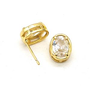 Copper Oval Stud Earrings Pave Zirconia Gold Plated, approx 8-10mm