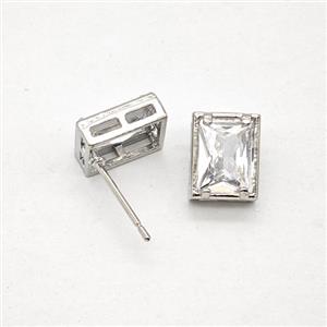 Copper Rectangle Stud Earrings Pave Zirconia Platinum Plated, approx 8-10mm