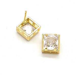 Copper Square Stud Earrings Pave Zirconia Gold Plated, approx 8.5mm
