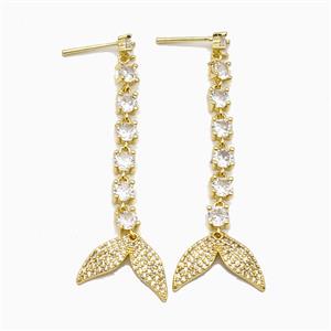 Copper Mermaid-Tail Stud Earrings Pave Zirconia Gold Plated, approx 13-17mm, 55mm length