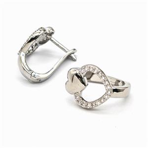 Copper Heart Latchback Earrings Pave Zirconia Platinum Plated, approx 14-16mm, 13mm