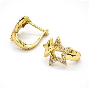 Copper Star Latchback Earrings Pave Zirconia Gold Plated, approx 17mm, 13mm