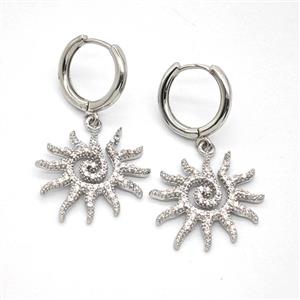 Copper Sun Hoop Earrings Pave Zirconia Platinum Plated, approx 20mm, 14mm dia