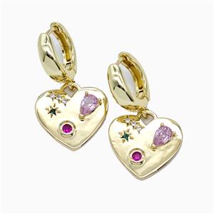 Copper Heart Hoop Earrings Pave Zirconia Gold Plated, approx 18mm, 15mm dia