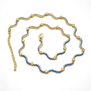 Copper Necklace Pave Zironia Blue Enamel Gold Plated, approx 3mm, 42-47cm length