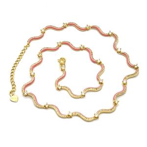 Copper Necklace Pave Zironia Pink Enamel Gold Plated, approx 3mm, 42-47cm length