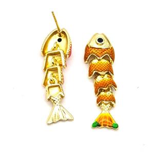Copper Fish Stud Earrings Orange Enamel Gold Plated, approx 8-32mm