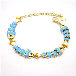 Copper Fish Bracelet Blue Enamel Gold Plated, approx 8-32mm, 20cm length