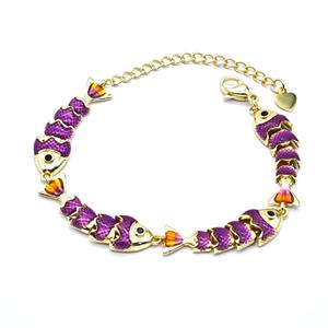 Copper Fish Bracelet Purple Enamel Gold Plated, approx 8-32mm, 20cm length