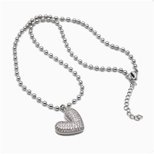 Copper Heart Necklace Pave Zirconia Platinum Plated, approx 21mm, 3mm, 42-47cm length