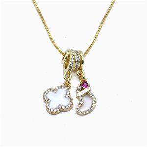 Christmas Stocking And Clover Charms Copper Necklace Pave Zirconia Enamel Gold Plated, approx 8-12mm, 1mm, 40cm length