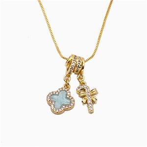 Christmas Candy Cane And Clover Charms Copper Necklace Pave Zirconia Enamel Gold Plated, approx 8-12mm, 1mm, 40cm length