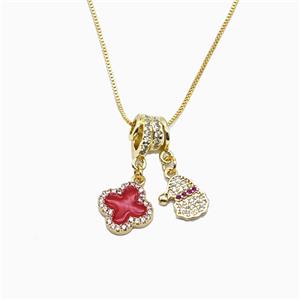 Christmas Santa Claus And Clover Charms Copper Necklace Pave Zirconia Enamel Gold Plated, approx 8-12mm, 1mm, 40cm length