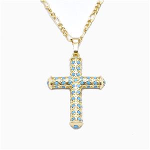 Copper Cross Necklace Pave Turq Zirconia Gold Plated, approx 20-27mm, 2mm, 40-45cm length
