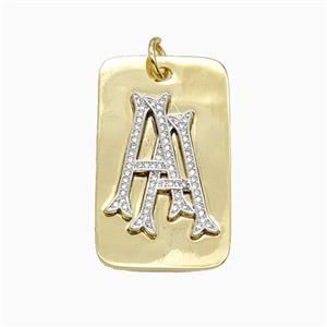 Copper Letter A Pendant Pave Zirconia Rectangle 18K Gold Plated, approx 25-40mm