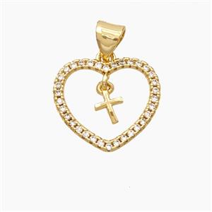 Copper Heart Cross Pendant Pave Zirconia Gold Plated, approx 5mm, 16mm