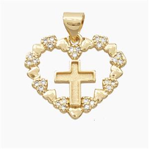 Copper Heart Cross Pendant Pave Zirconia Gold Plated, approx 20mm