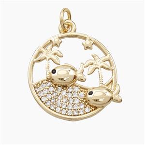 Copper Fish And Coconut Tree Pendant Pave Zirconia Gold Plated, approx 18mm