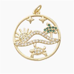Copper Sun Tortoise And Coconut Tree Pendant Pave Zirconia Gold Plated, approx 23mm