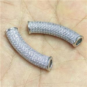 Copper Tube Beads Micropave Zirconia Curving Large Hole Platinum Plated, approx 7-34mm, 4mm hole