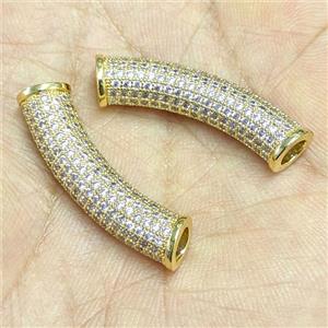 Copper Tube Beads Micropave Zirconia Curving Large Hole Gold Plated, approx 7-34mm, 4mm hole