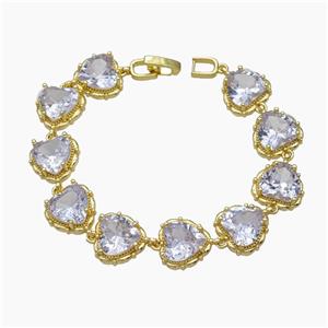 Copper Bracelet Pave Zirconia Heart Gold Plated, approx 13mm, 18cm length