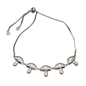 Copper Mushroom Bracelet Pave Zirconia Adjustable Platinum Plated, approx 12mm, 1mm, 27cm length