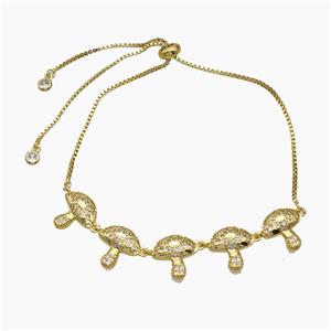 Copper Mushroom Bracelet Pave Zirconia Adjustable Gold Plated, approx 12mm, 1mm, 27cm length