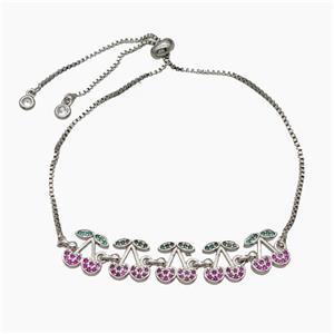 Copper Cherry Bracelet Pave Zirconia Adjustable Platinum Plated, approx 10-60mm, 27cm length