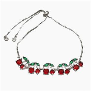 Copper Cherry Bracelet Pave Zirconia Adjustable Platinum Plated, approx 10-60mm, 27cm length