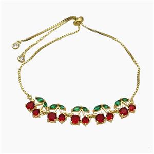 Copper Cherry Bracelet Pave Zirconia Adjustable Gold Plated, approx 10-60mm, 27cm length