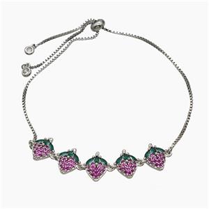 Copper Strawberry Bracelet Pave Zirconia Adjustable Platinum Plated, approx 12-60mm, 27cm length