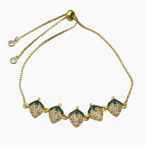Copper Strawberry Bracelet Pave Zirconia Adjustable Gold Plated, approx 12-60mm, 27cm length