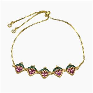Copper Strawberry Bracelet Pave Zirconia Adjustable Gold Plated, approx 12-60mm, 27cm length