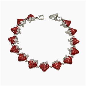 Copper Strawberry Bracelet Pave Zirconia Red Enamel Platinum Plated, approx 12mm, 19cm length
