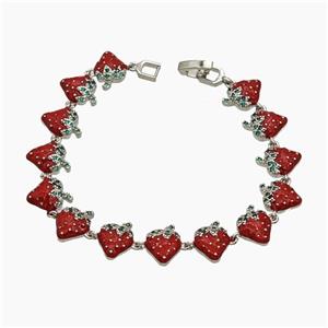 Copper Strawberry Bracelet Pave Zirconia Red Enamel Platinum Plated, approx 12mm, 19cm length