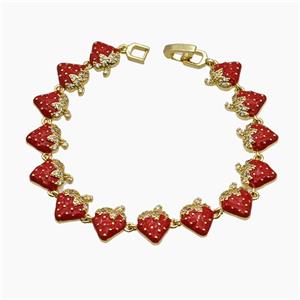 Copper Strawberry Bracelet Pave Zirconia Red Enamel Gold Plated, approx 12mm, 19cm length