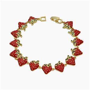 Copper Strawberry Bracelet Pave Zirconia Red Enamel Gold Plated, approx 12mm, 19cm length