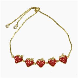 Copper Strawberry Bracelet Pave Zirconia Red Enamel Adjustable Gold Plated, approx 12-60mm, 27cm length