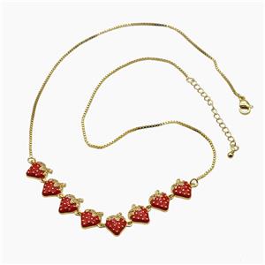 Copper Strawberry Necklace Pave Zirconia Red Enamel Gold Plated, approx 12-90mm, 47-53cm length
