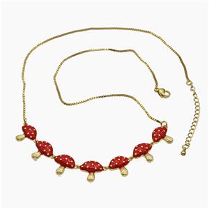 Copper Mushroom Necklace Red Enamel Gold Plated, approx 13-90mm, 47-53cm length
