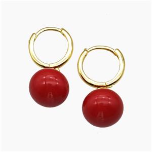 Copper Hoop Earrings Pave Red Pearlized Resin Ball Gold Plated, approx 8-12mm, 14mm dia