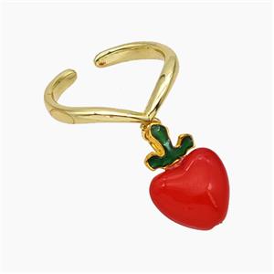 Copper Rings Pave Red Pearlized Resin Apple Gold Plated, approx 12-18mm, 18mm dia